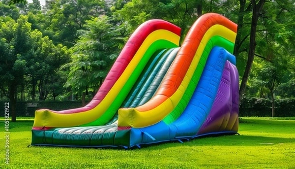 Obraz Vibrant Fun: Giant Inflatable Slide for Kids on Lush Green Grass