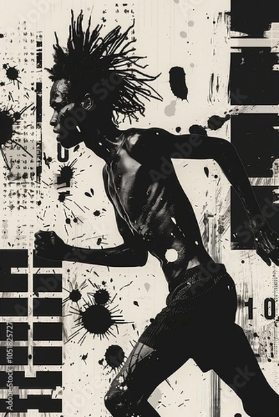 Fototapeta a logo featuring person running, in the style of industrial punk, spray paint, monochromatic color scheme