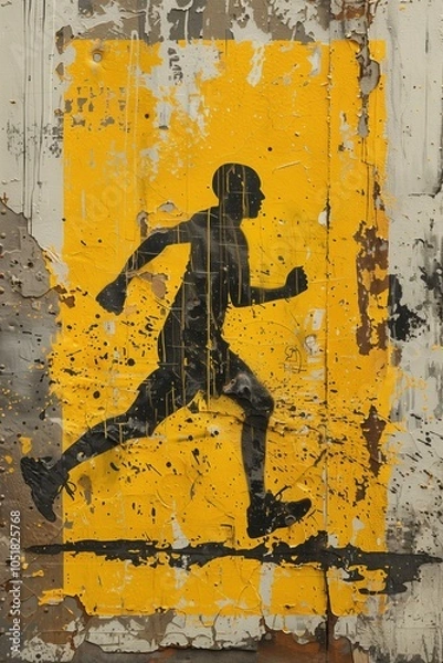 Fototapeta a logo featuring person running, in the style of industrial punk, spray paint, monochromatic color scheme