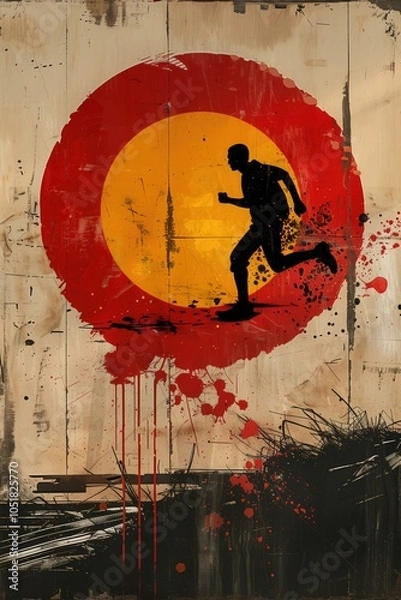 Fototapeta a logo featuring someone running, in the style of industrial punk, classic american, spray paint, monochromatic color scheme