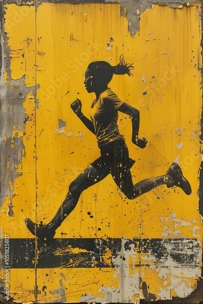 Fototapeta a logo featuring person running, in the style of industrial punk, spray paint, monochromatic color scheme