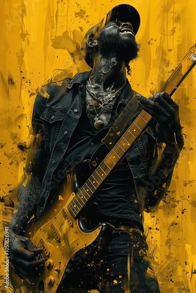 Fototapeta a full body shot of artist fader artist samurai wearing kimono playing mandolin , solid color background , in the style of gritty urban realism, 