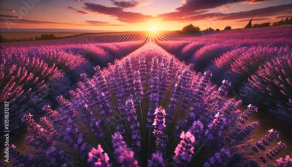 Obraz Vast field, purple flowers, sunset glow.

