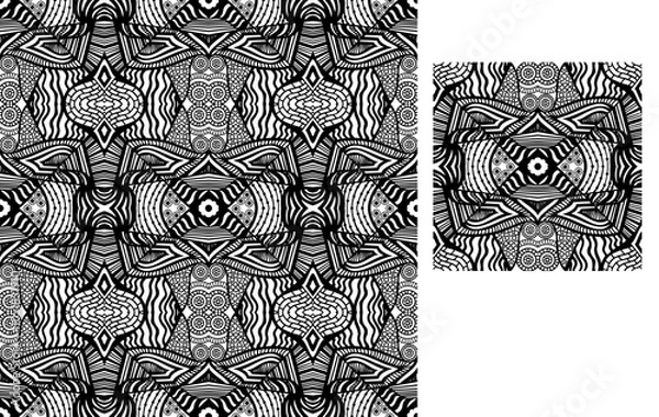 Fototapeta Inner Flower Tangle, black and white, Vector Seamless Repeating Pattern Tile Design 