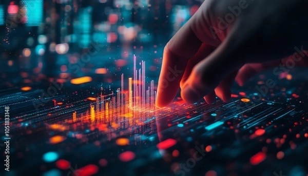 Fototapeta Closeup image of a hand illustrating a rising graph on a vibrant cityscape backdrop, highlighting themes of real estate data and financial growth