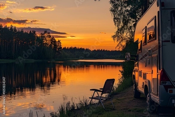 Fototapeta RV by Lake with Sunset Reflection