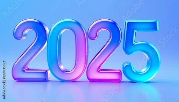 Obraz 3D number 2025 with fluid glass effect, vibrant gradient colors of blue, purple, and turquoise, on pastel blue background, Happy New Year 2025 banner