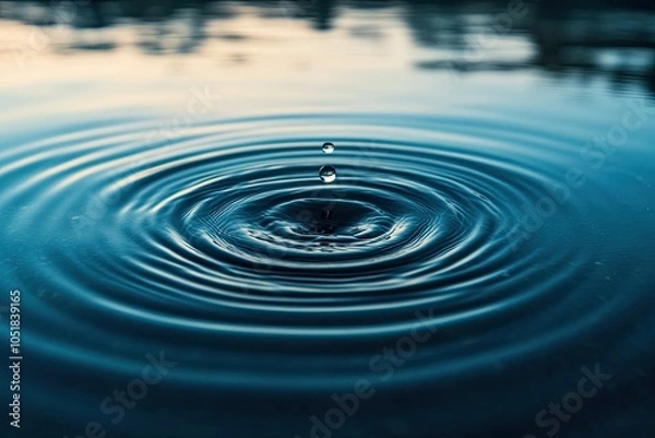 Fototapeta A drop of water creates ripples in still water. This image can be used to symbolize peace, tranquility, and the delicate balance of nature.
