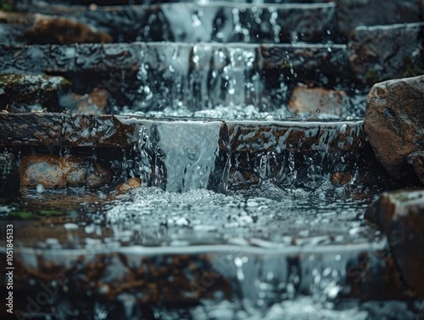 Fototapeta A serene stream cascades over rocky steps, creating a tranquil scene filled with the soothing sounds of flowing water.