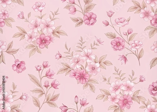 Fototapeta Seamless floral pattern featuring pink flowers and elegant leaves, perfect for vintage wallpaper or textile designs, capturing the essence of spring and summer in a decorative illustration