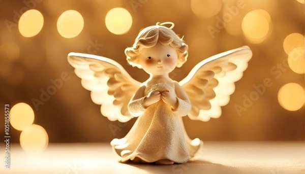 Fototapeta Angel figurine a delicate angel figurine with soft golden light and bokeh in the background, Ai Generated