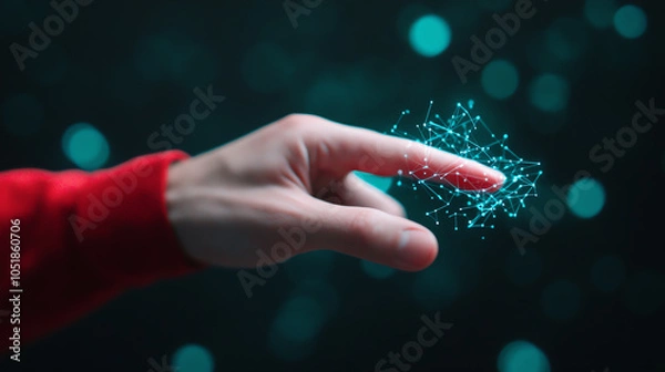 Fototapeta A human finger approaches a glowing network of particles, symbolizing connection and innovation in the digital age against a blurred teal background.