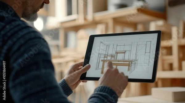 Fototapeta Carpenter Using Tablet For Design