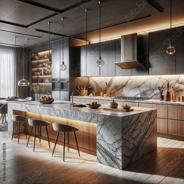 Fototapeta Modern kitchen interior with elegant stone island and ambient lighting