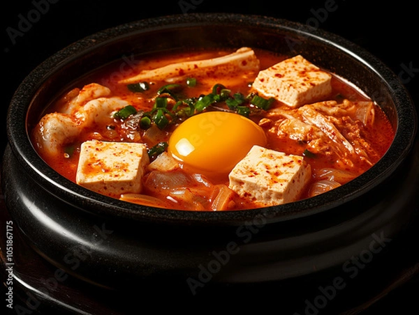 Fototapeta Studio image of Korean sundubu-jjigae, a spicy soft tofu stew served in a hot stone bowl, with pieces of soft tofu, egg yolk, and seafood in a rich red broth