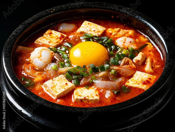 Fototapeta Studio image of Korean sundubu-jjigae, a spicy soft tofu stew served in a hot stone bowl, with pieces of soft tofu, egg yolk, and seafood in a rich red broth