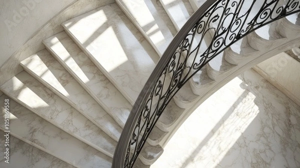Fototapeta A luxurious staircase featuring marble treads and elegant ironwork, with shadows creating patterns from a top view. Space on the right for text.