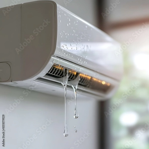 Fototapeta A malfunctioning air conditioner drips water droplet , Malfunctioning Air Conditioner with Visible Water Droplets Leaking from Cooling System
