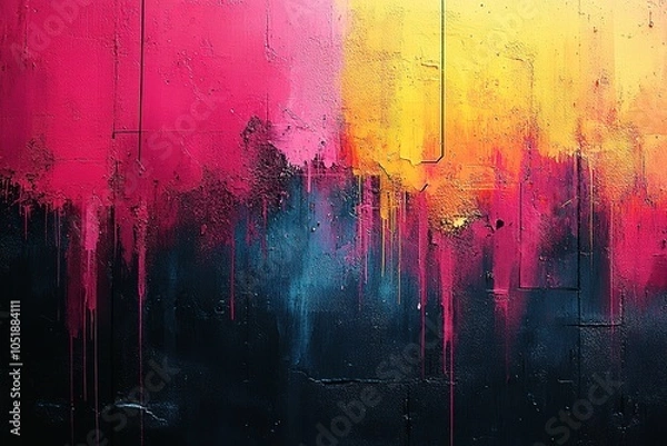 Fototapeta Abstract paint drips on black background in pink, yellow, and blue.