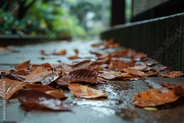 Fototapeta A Mesmerizing Display of Autumn's Resilience: The Dance of Drenched Leaves on a Misty Pathway