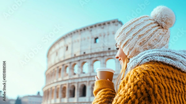 Fototapeta A woman in cozy yellow sweater and knitted hat enjoys warm drink while admiring iconic Colosseum in Rome. scene captures blend of comfort and historical beauty