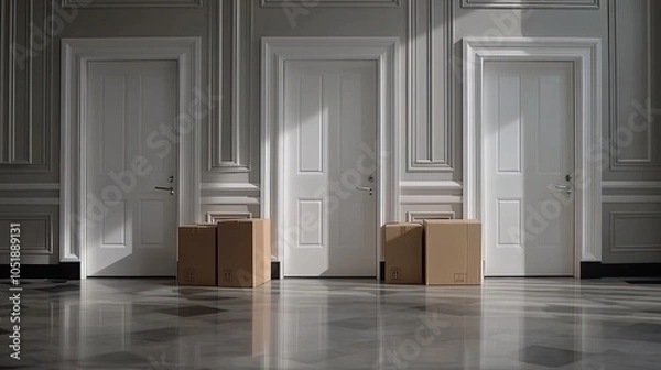 Fototapeta A tidy hallway features stacked cardboard boxes beside two white doors and potted plants adding a touch of greenery