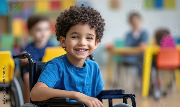 Obraz Inclusive image of happy multiethnic disabled children in wheelchairs with special needs playing & learning at rehab daycare school for handicapped kids. Inclusion & diversity in education concept