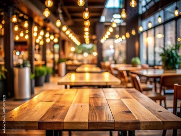 Obraz Drone Photography of a Beautiful Wooden Table in a Cozy Cafe with Bokeh Background