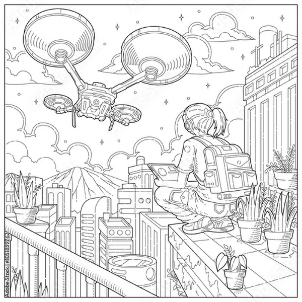 Fototapeta Fantasy girl becomes a pilot of technology drone in future city. Learning and education coloring page illustration for adult and children. Vector outline style, black and white drawing.