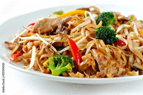 Obraz Plate of Gai Joh with Rice Noodles, Chicken, and Colorful Vegetables.