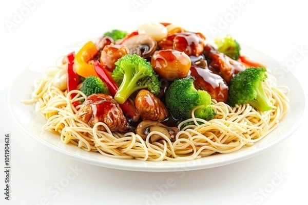 Obraz Plate of Gai Joh with Rice Noodles, Vegetables, and Chicken Pieces