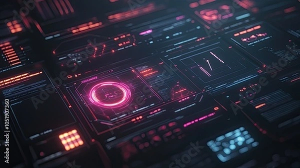 Obraz A clean, futuristic digital interface showcasing automated business workflows through RPA, with key optimization tools glowing to highlight streamlined operations.