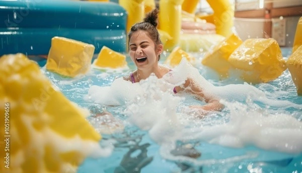Fototapeta Joyful Preteen Pool Party: Splashing and Playing in a Modern Inflatable Amusement Park