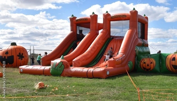 Fototapeta Pumpkin Patch Adventures: Bounce Slide and Bounce Climbing Fun!