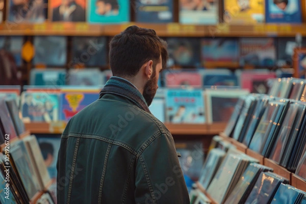Fototapeta Person look vinyl records in retro music store, surrounded by various music genres classic CDs tapes vintage musical instruments, Generative AI