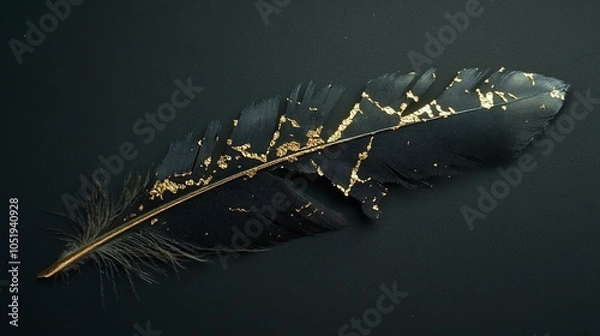 Fototapeta Kintsugi style feather with dark background. generated ai.