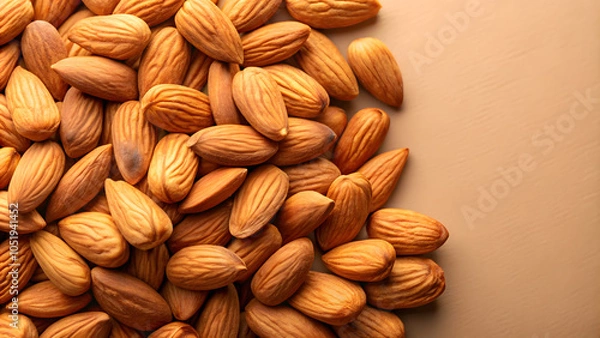 Fototapeta Background of big raw peeled almonds situated arbitrarily