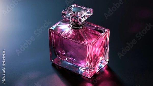 Fototapeta A glass perfume bottle with the pink color and square shape body on a black background. High resolution photography.