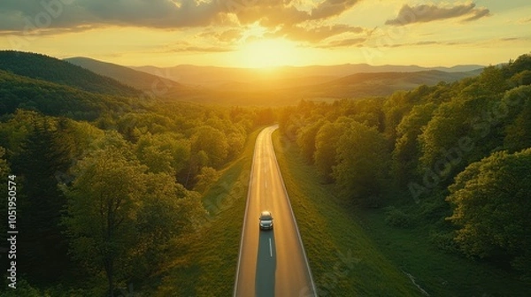 Fototapeta Aerial view natural landscape of car driving on a highway road in a green forest with trees, meadow and sunset.