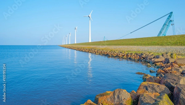 Obraz Wind turbines under construction along a lake