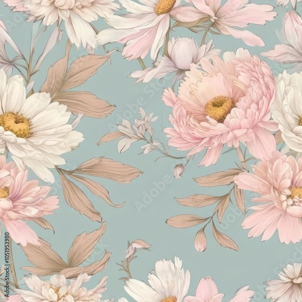 Obraz Seamless Soft Floral Design with Daisies and Peonies in Muted Pastel Tones