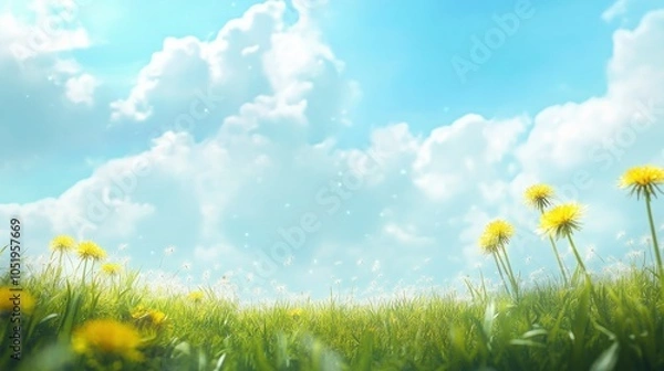 Obraz Beautiful meadow field with fresh grass and yellow dandelion flowers in nature against a blurry blue sky with clouds. Summer spring perfect natural landscape 