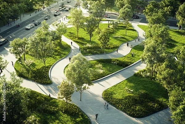 Fototapeta Aerial view of a modern urban park with green spaces and paths. AI generated illustration
