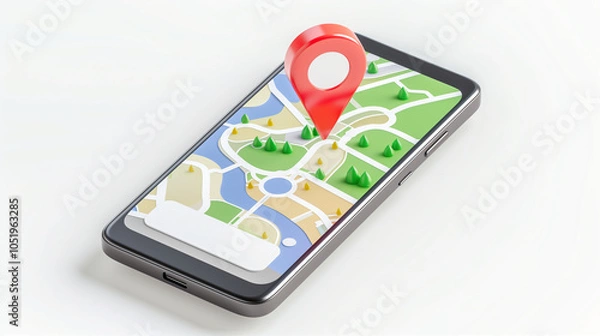 Fototapeta Smartphone with map displaying location pin for navigation and travel planning
