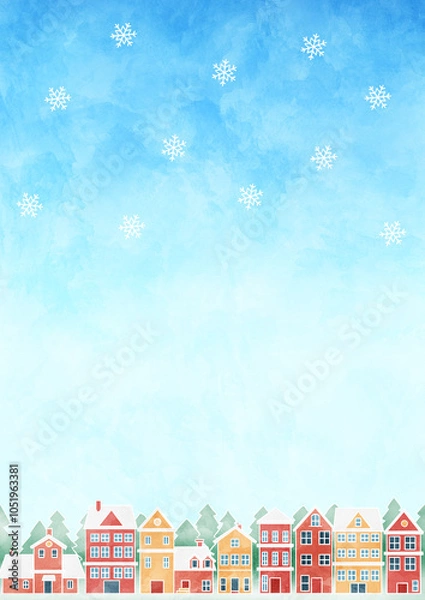 Fototapeta 雪が降る青空の街並み　水彩イラスト