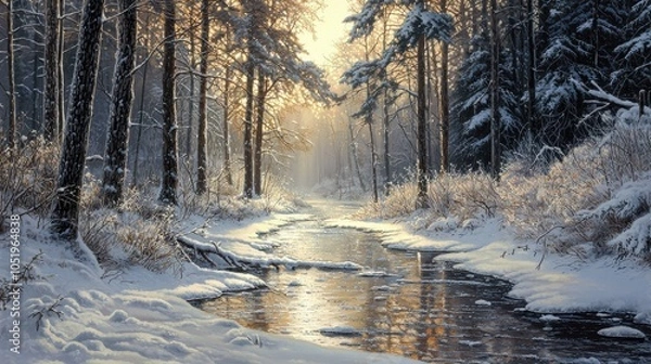 Fototapeta Frozen creek meandering through a snowy forest surrounded by tall trees draped in frost early sunlight sparkles on the icy surface casting soft shadows and adding warmth to the cold peaceful scene