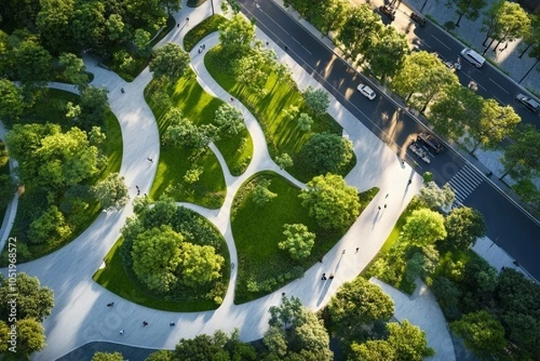 Fototapeta Aerial view of a modern urban park with green spaces and paths. AI generated illustration