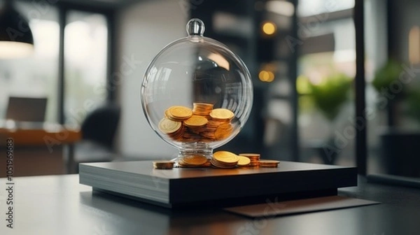 Fototapeta Gold Coins in Glass Dome on Tabletop