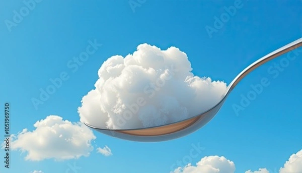 Fototapeta Giant Spoon Scooping Fluffy Clouds from Blue Sky