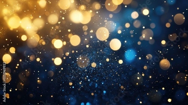 Fototapeta Abstract gold bokeh and sparkle set against a deep blue backdrop